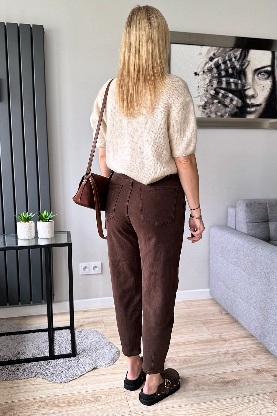 czekoladowe Jeansy damskie balloon balony brązowe mom fit spodnie jeansowe dżinsy