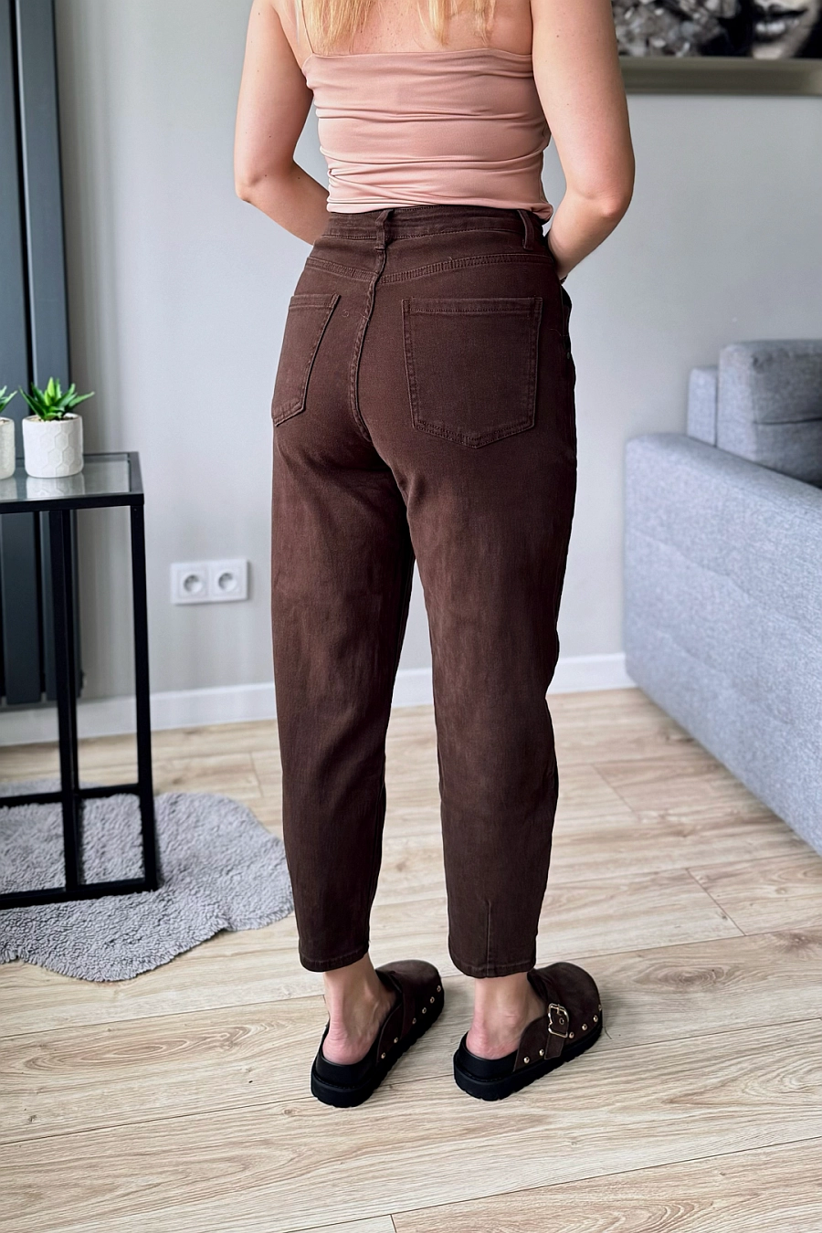 czekoladowe Jeansy damskie balloon balony brązowe mom fit spodnie jeansowe dżinsy
