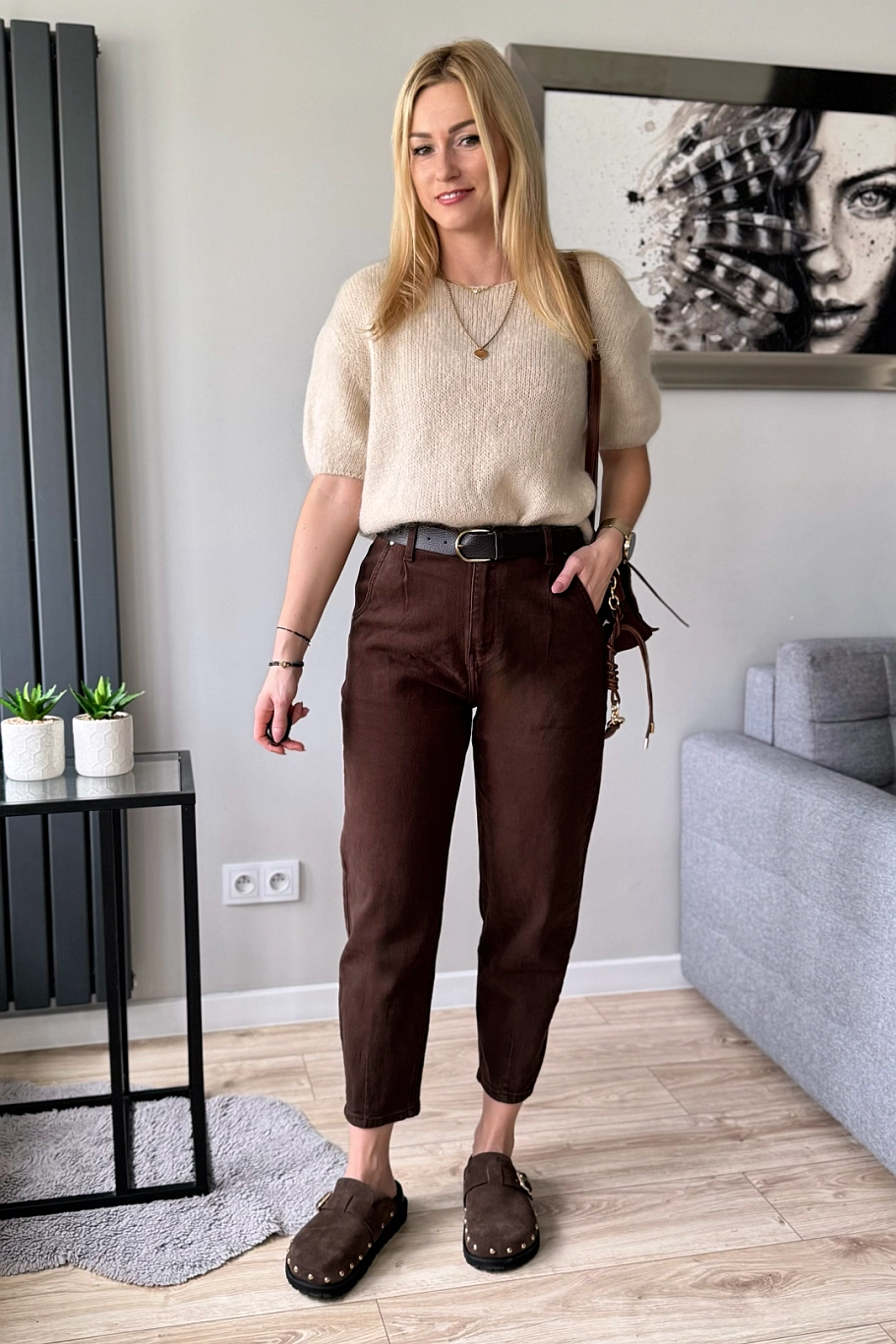czekoladowe Jeansy damskie balloon balony brązowe mom fit spodnie jeansowe dżinsy
