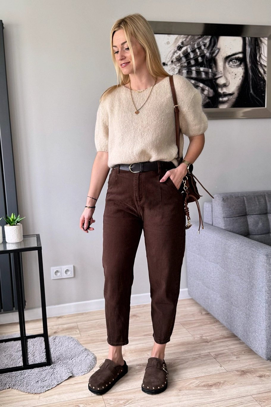 czekoladowe Jeansy damskie balloon balony brązowe mom fit spodnie jeansowe dżinsy