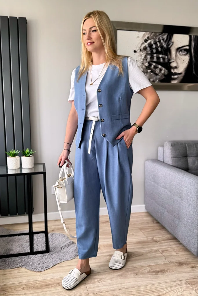 komplet damski kamizelka i spodnie balony balloon niebieski denim