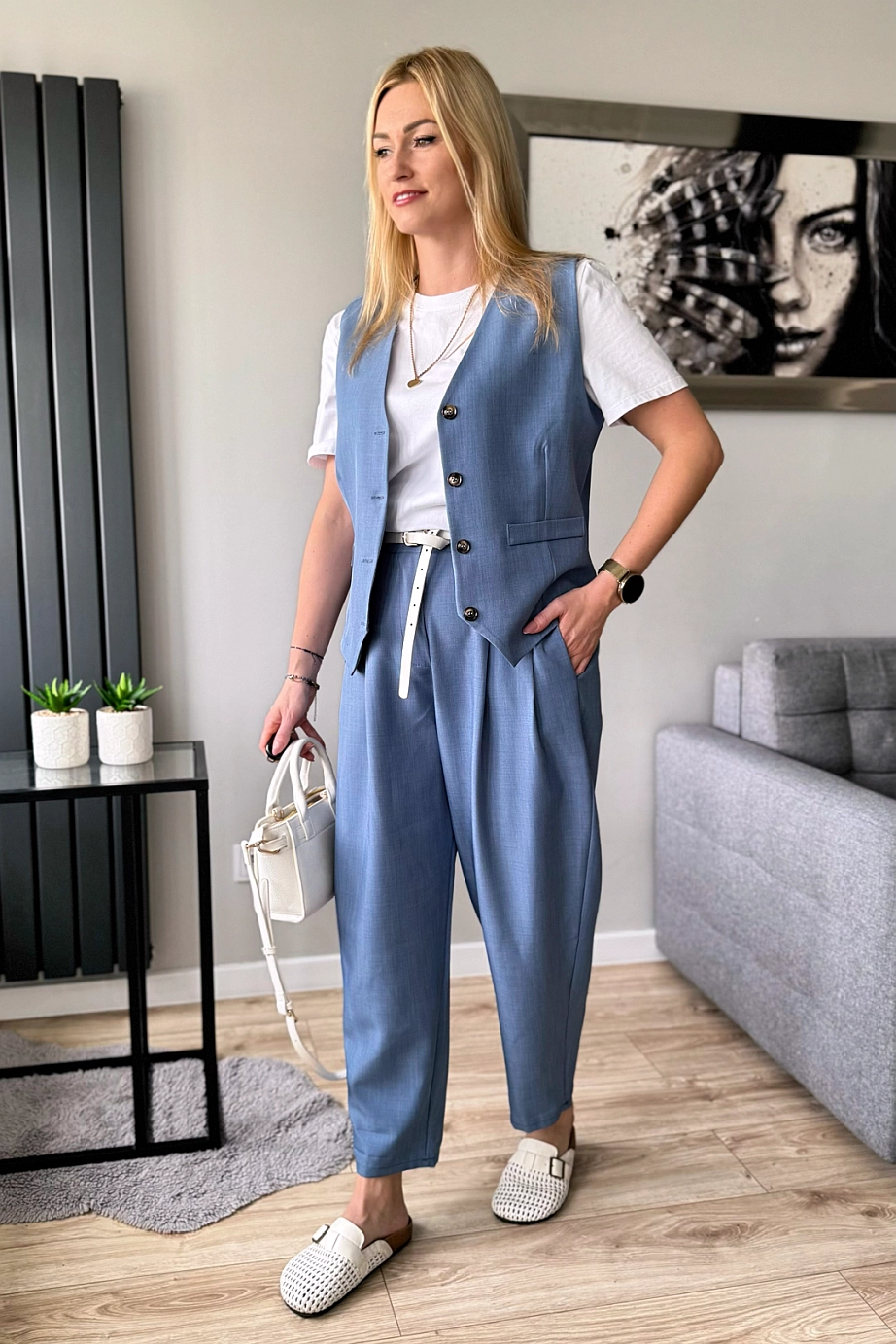 komplet damski kamizelka i spodnie balony balloon niebieski denim