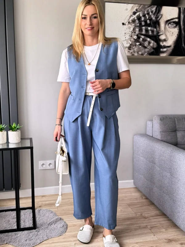 komplet damski kamizelka i spodnie balony balloon niebieski denim