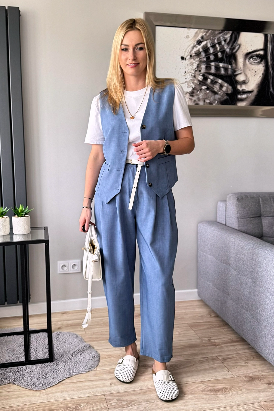 komplet damski kamizelka i spodnie balony balloon niebieski denim