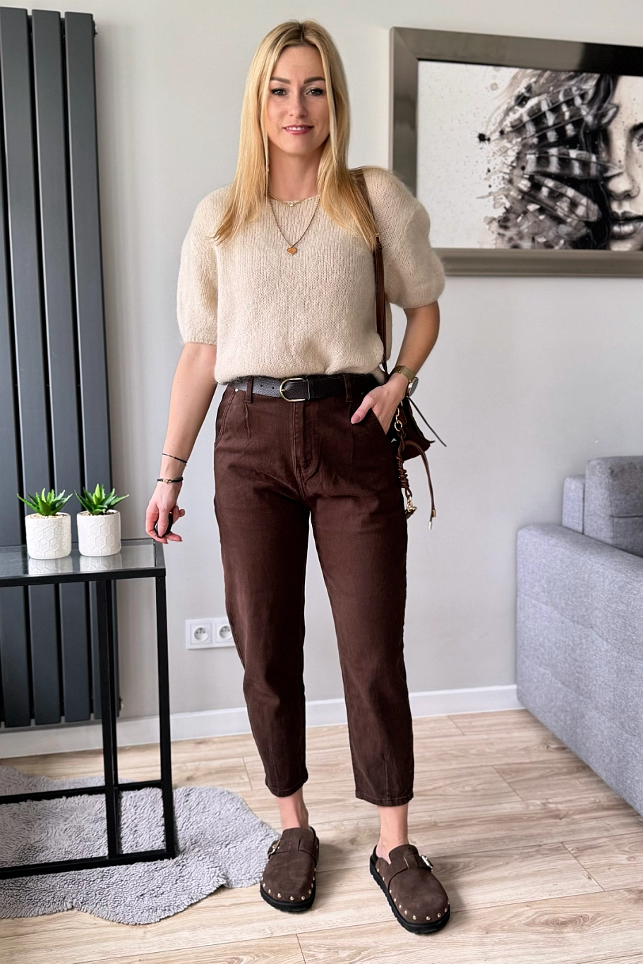 czekoladowe Jeansy damskie balloon balony brązowe mom fit spodnie jeansowe dżinsy