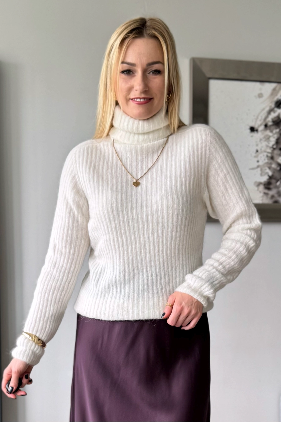 sweter damski z alpaki biały z golfem prążek baby alpaka