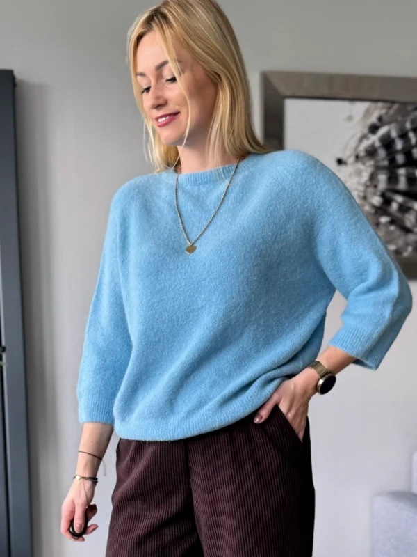sweter damski z alpaki baby alpaka z rękawem 3/4 błękitny