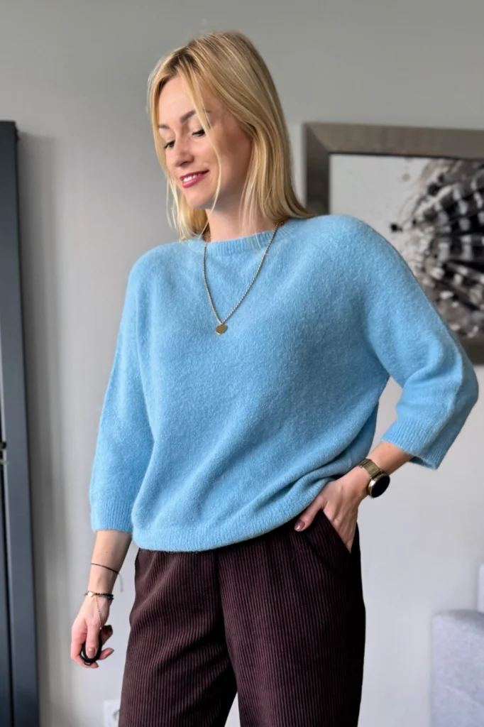sweter damski z alpaki baby alpaka z rękawem 3/4 błękitny