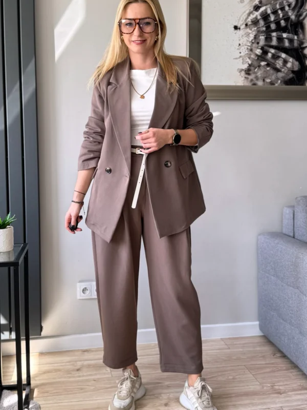 garnitur damski komplet marynarka i spodnie balony balloon mocca cappuccino taupe