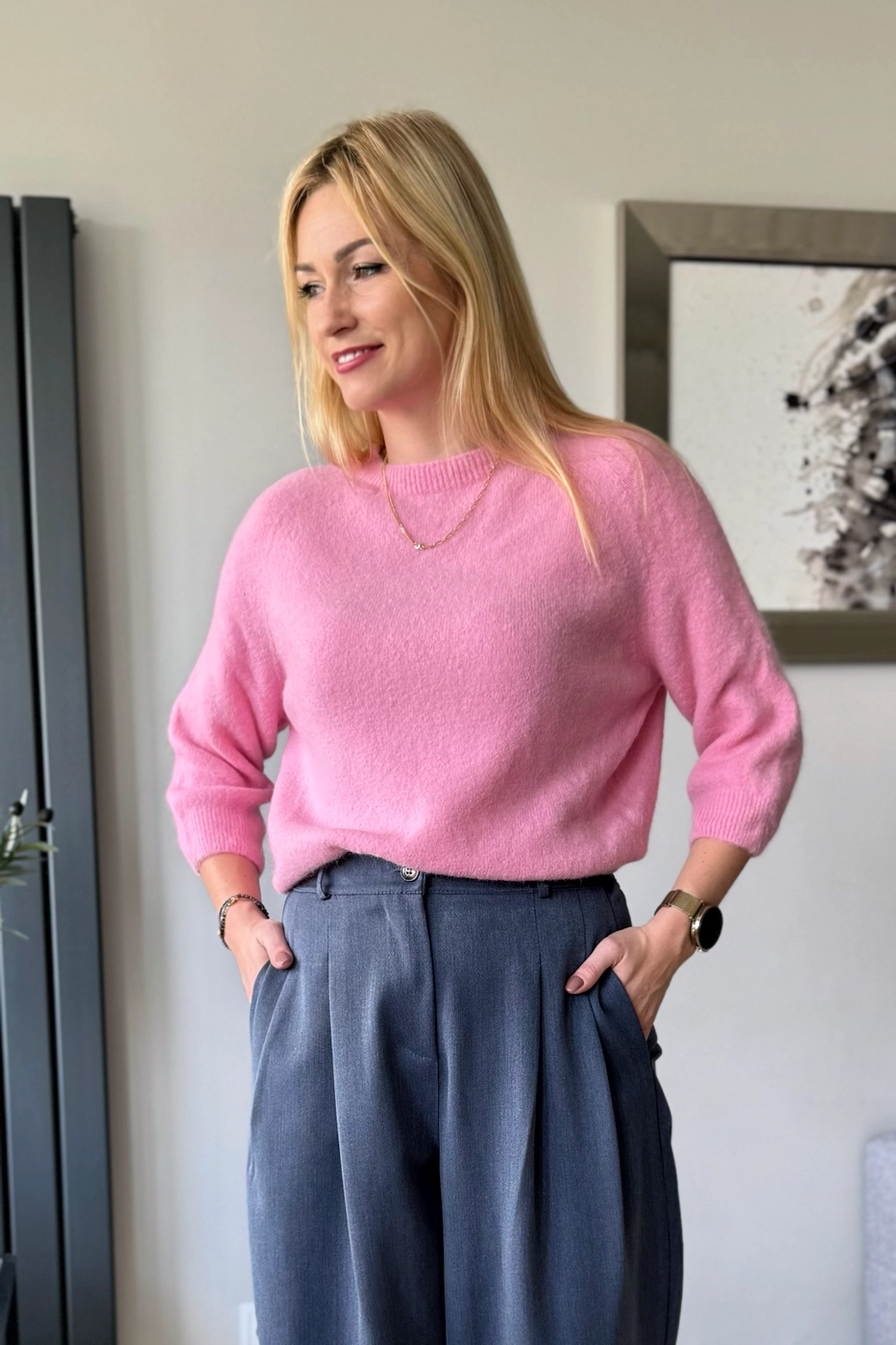 sweter damski z alpaki baby alpaka z rękawem 3/4 różowy