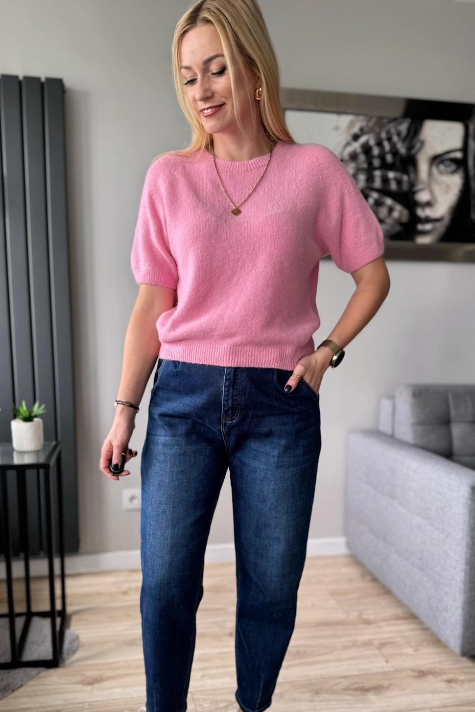 sweter damski baby alpaka z alpaki z krótkim rękawem różowy sweterek