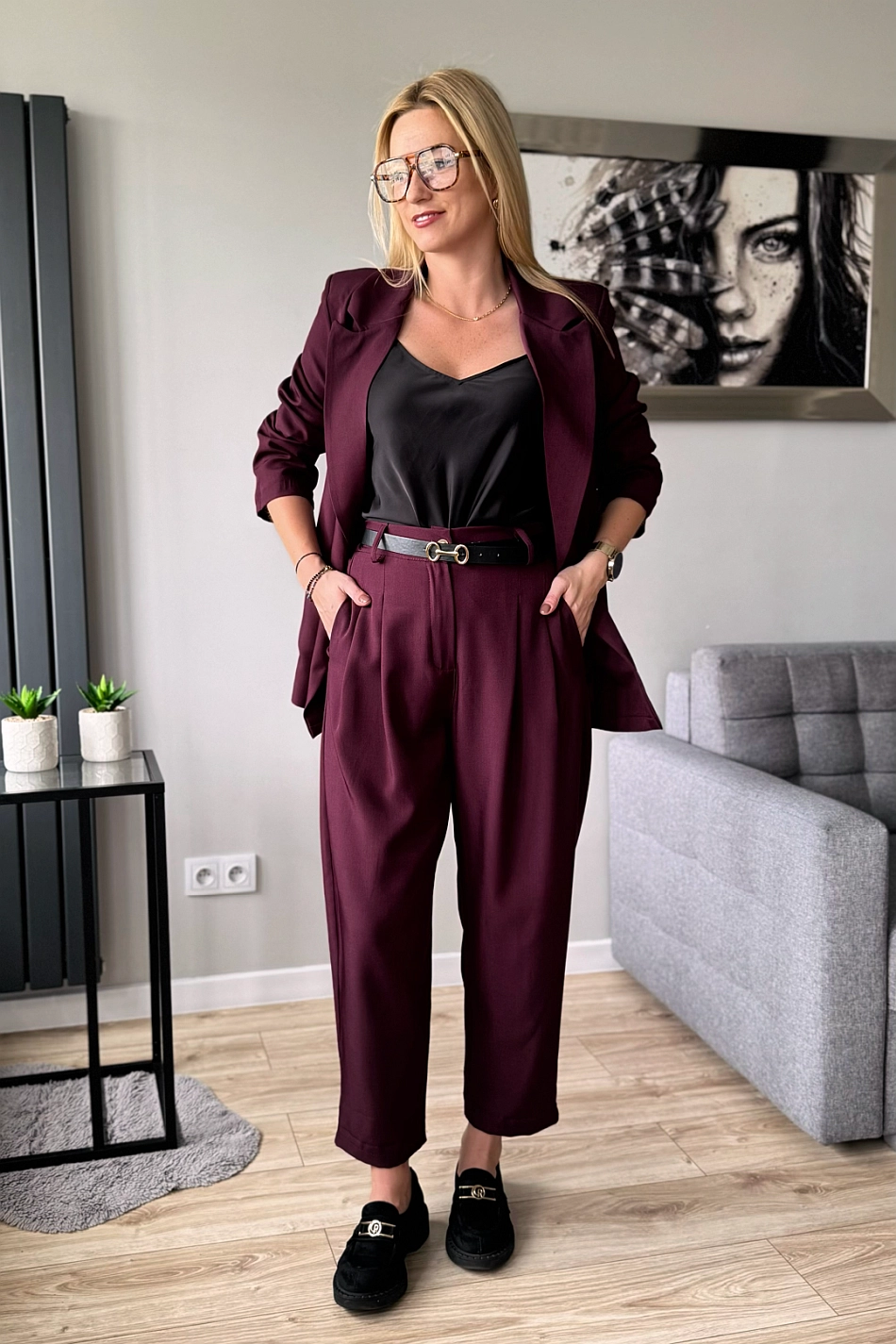 spodnie balloon balony eleganckie damskie burgund burgundowe
