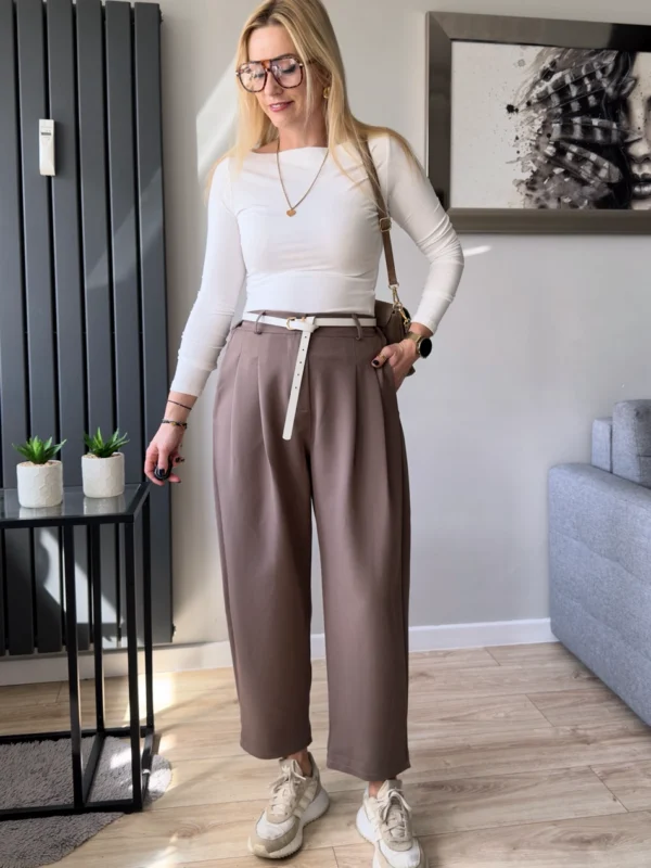 spodnie balloon balony eleganckie damskie mocca cappuccino taupe