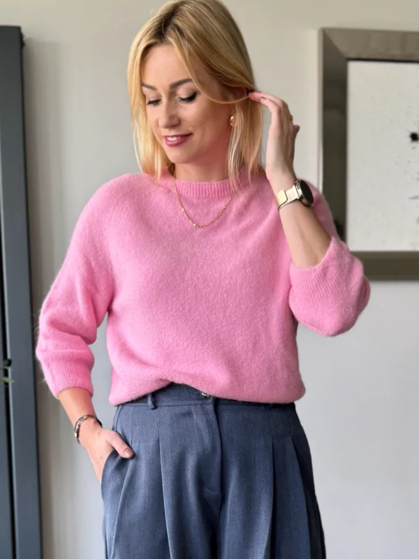 sweter damski z alpaki baby alpaka z rękawem 3/4 różowy