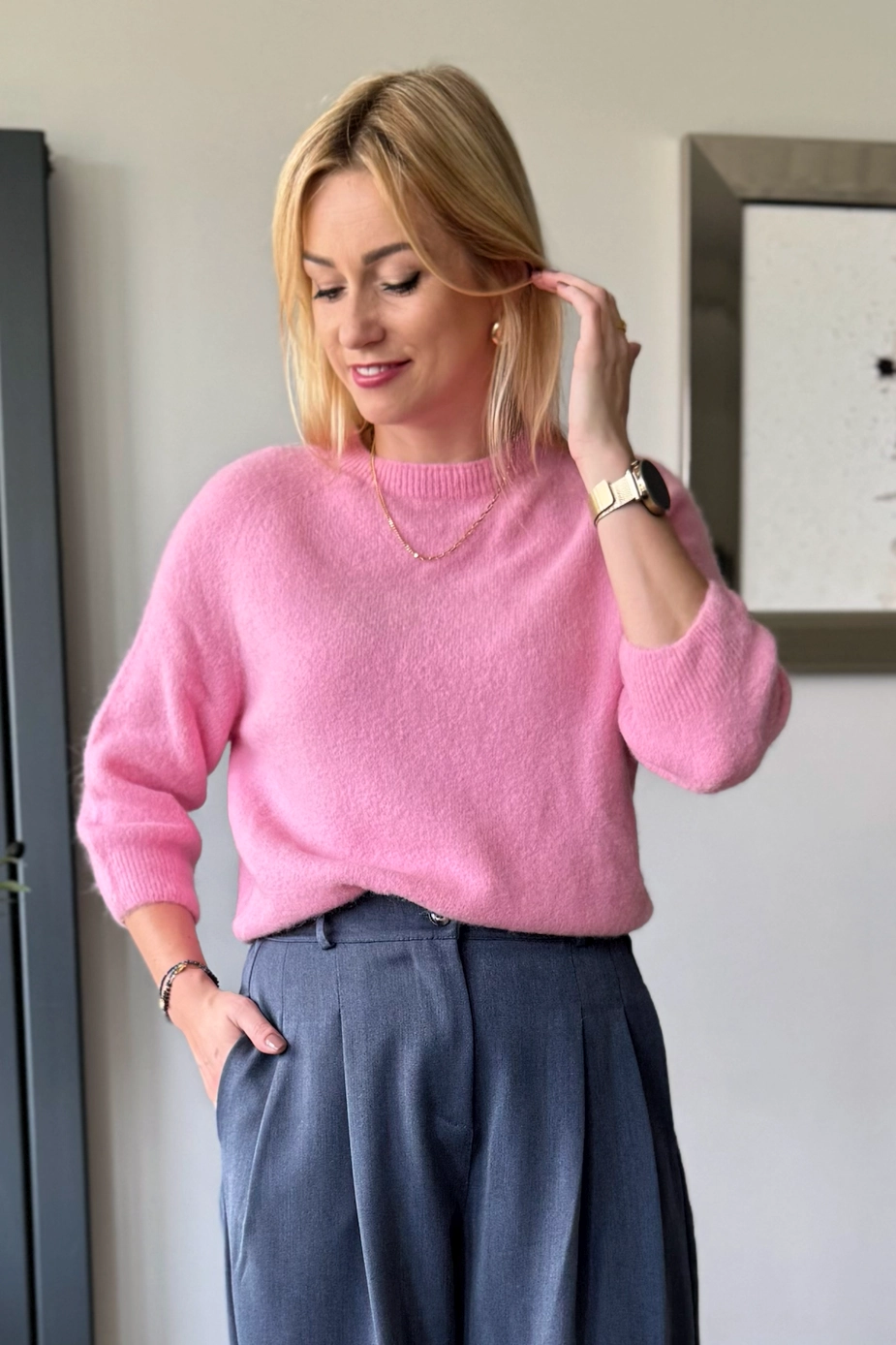 sweter damski z alpaki baby alpaka z rękawem 3/4 różowy