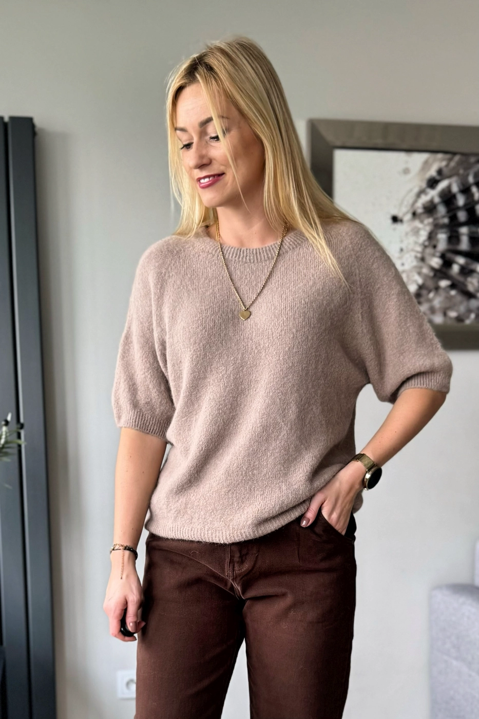 sweter damski z alpaki baby alpaka z krótkim rękawem mocca latte cappuccino