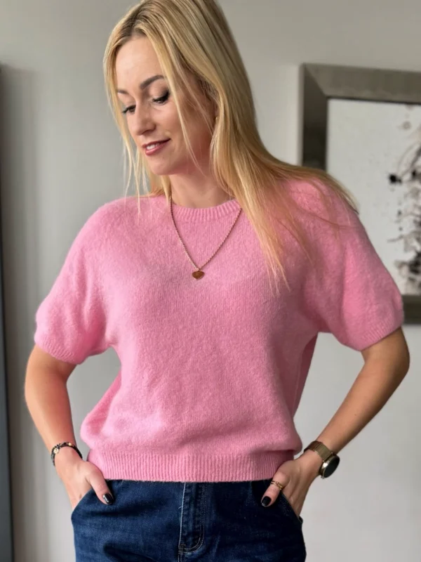 sweter damski baby alpaka z alpaki z krótkim rękawem różowy sweterek