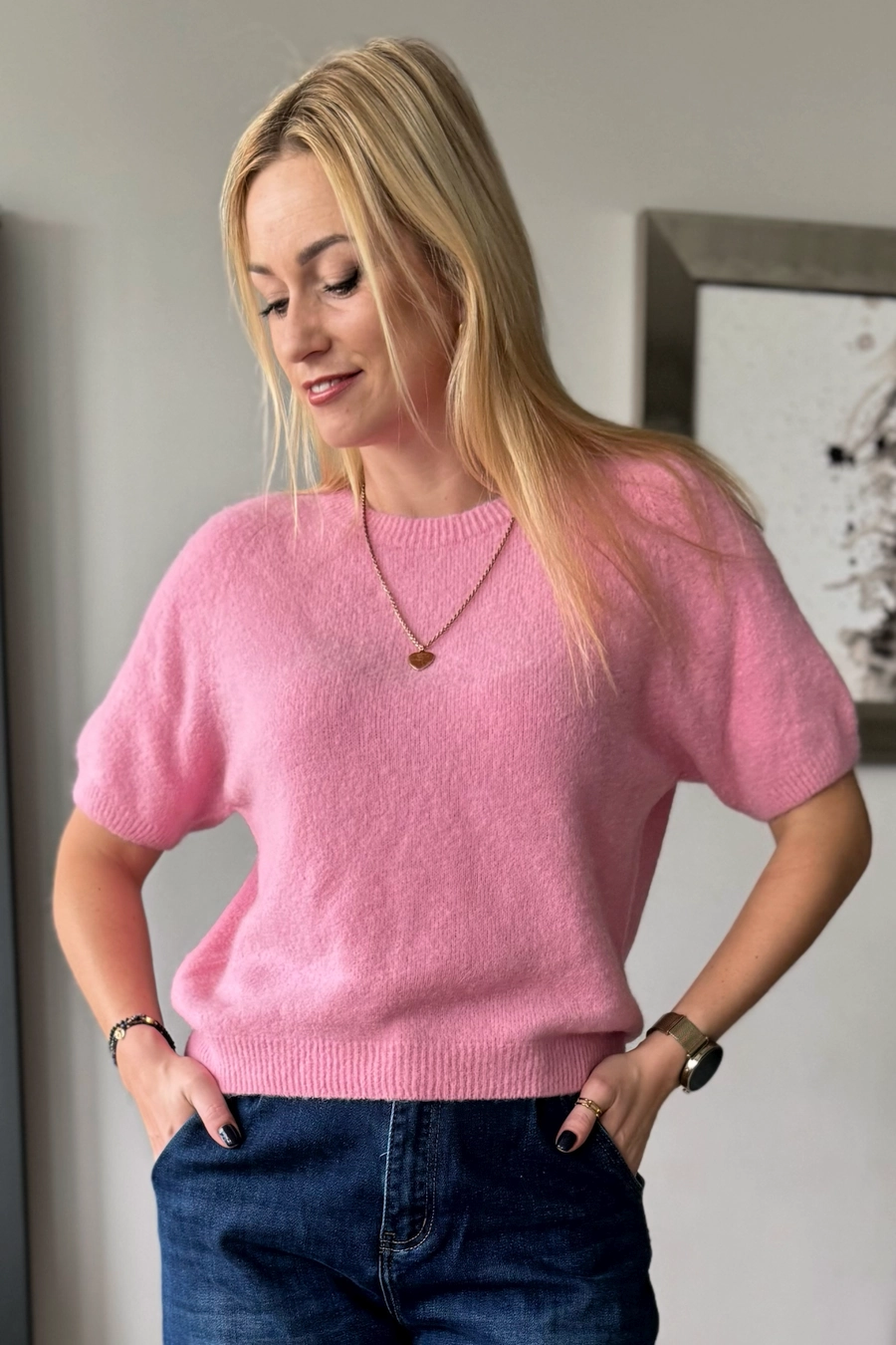 sweter damski baby alpaka z alpaki z krótkim rękawem różowy sweterek