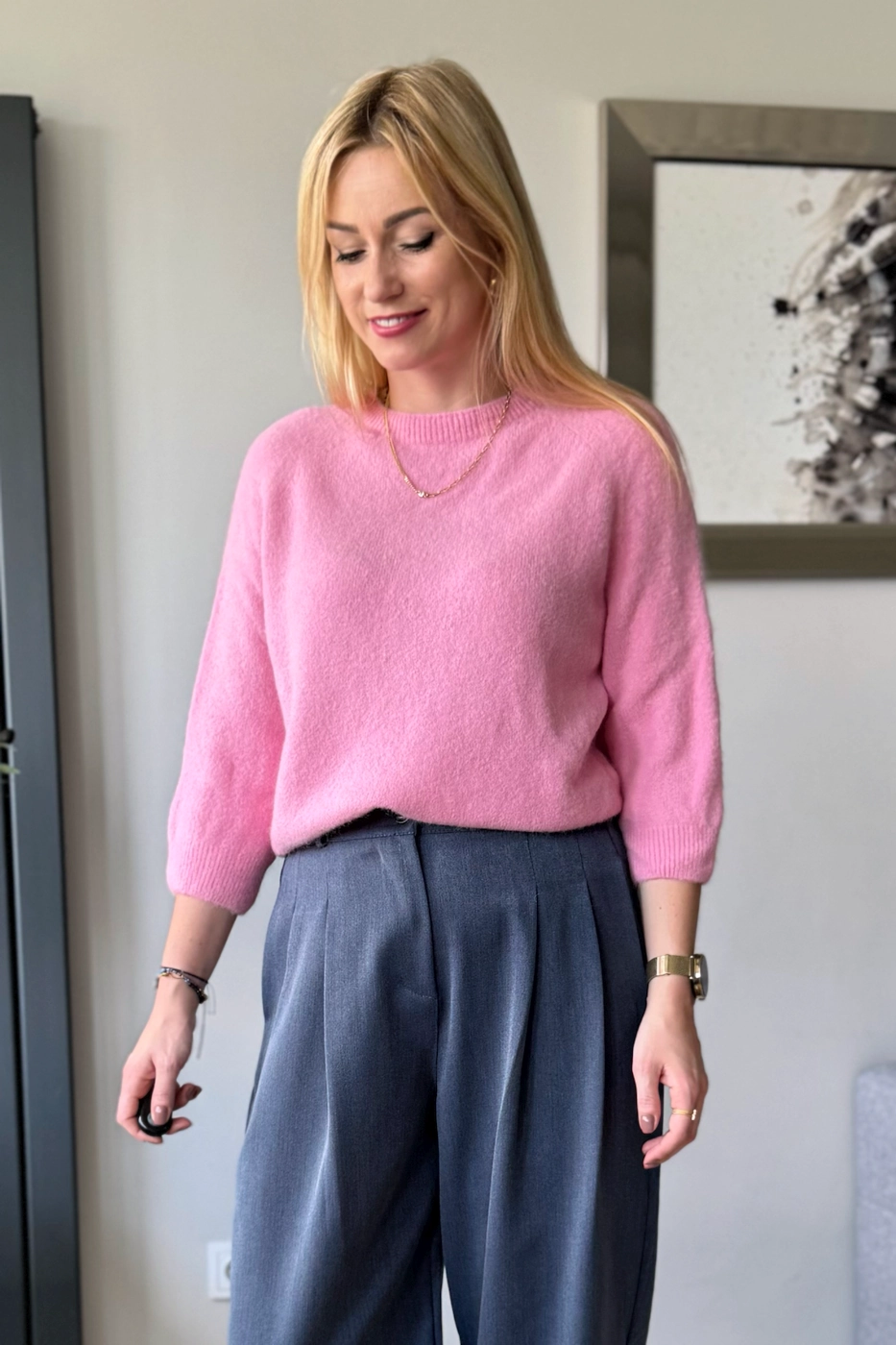 sweter damski z alpaki baby alpaka z rękawem 3/4 różowy