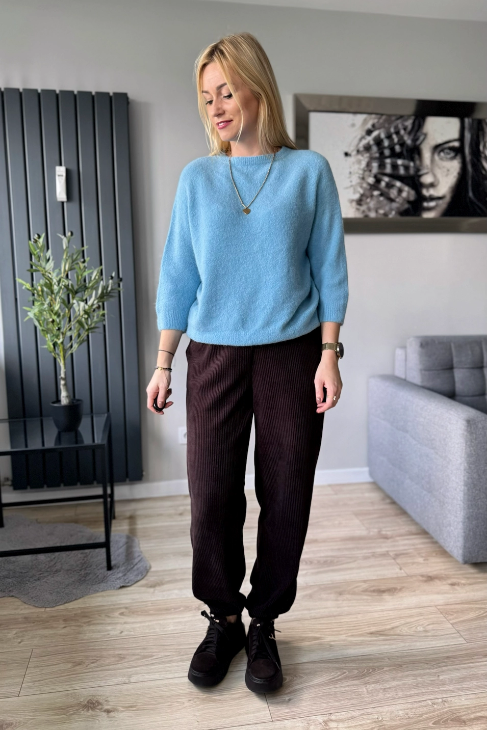 sweter damski z alpaki baby alpaka z rękawem 3/4 błękitny