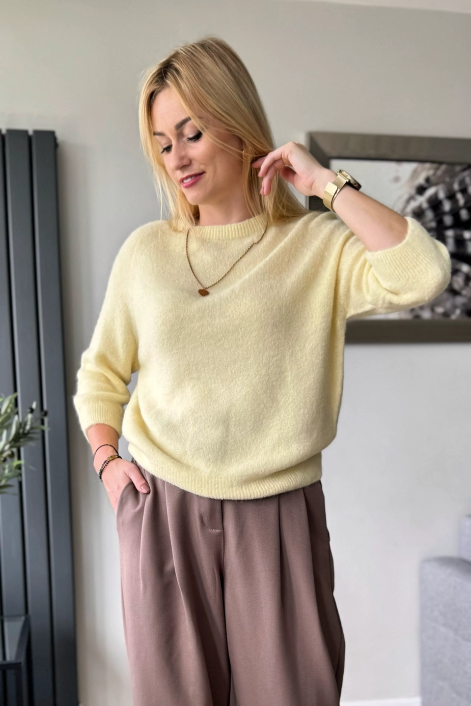 sweter damski z alpaki baby alpaka z rękawem 3/4 jasny żółty cytrynowy