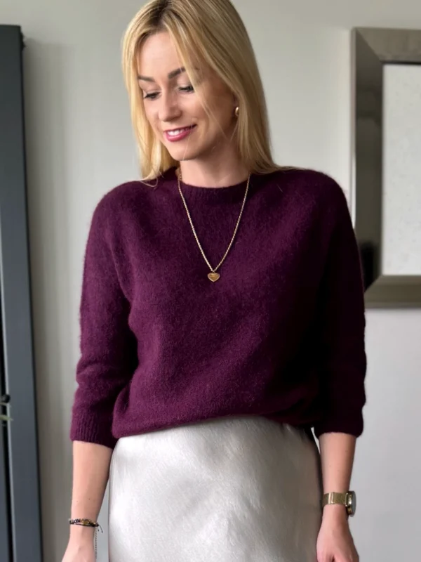 sweter damski z alpaki baby alpaka z rękawem 3/4 śliwkowy biskupi