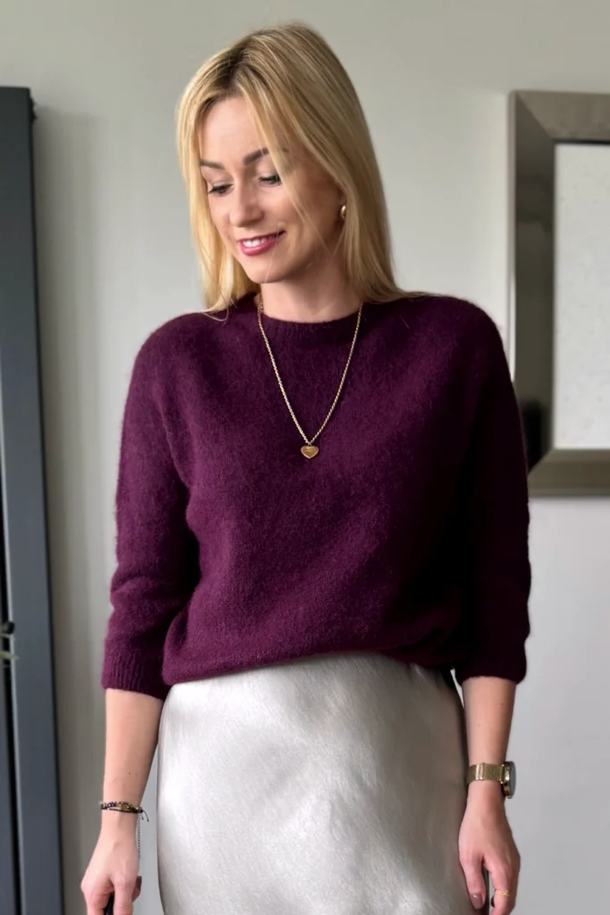 sweter damski z alpaki baby alpaka z rękawem 3/4 śliwkowy biskupi