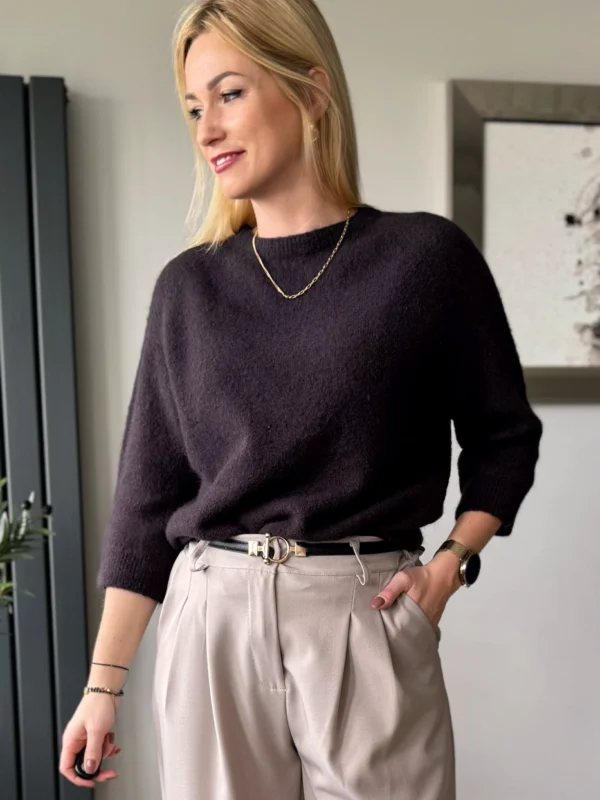 sweter damski z alpaki baby alpaka z rękawem 3/4 czekoladowy brązowy