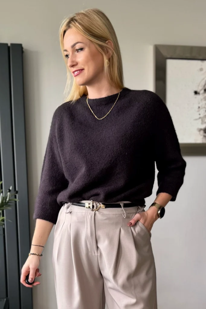 sweter damski z alpaki baby alpaka z rękawem 3/4 czekoladowy brązowy