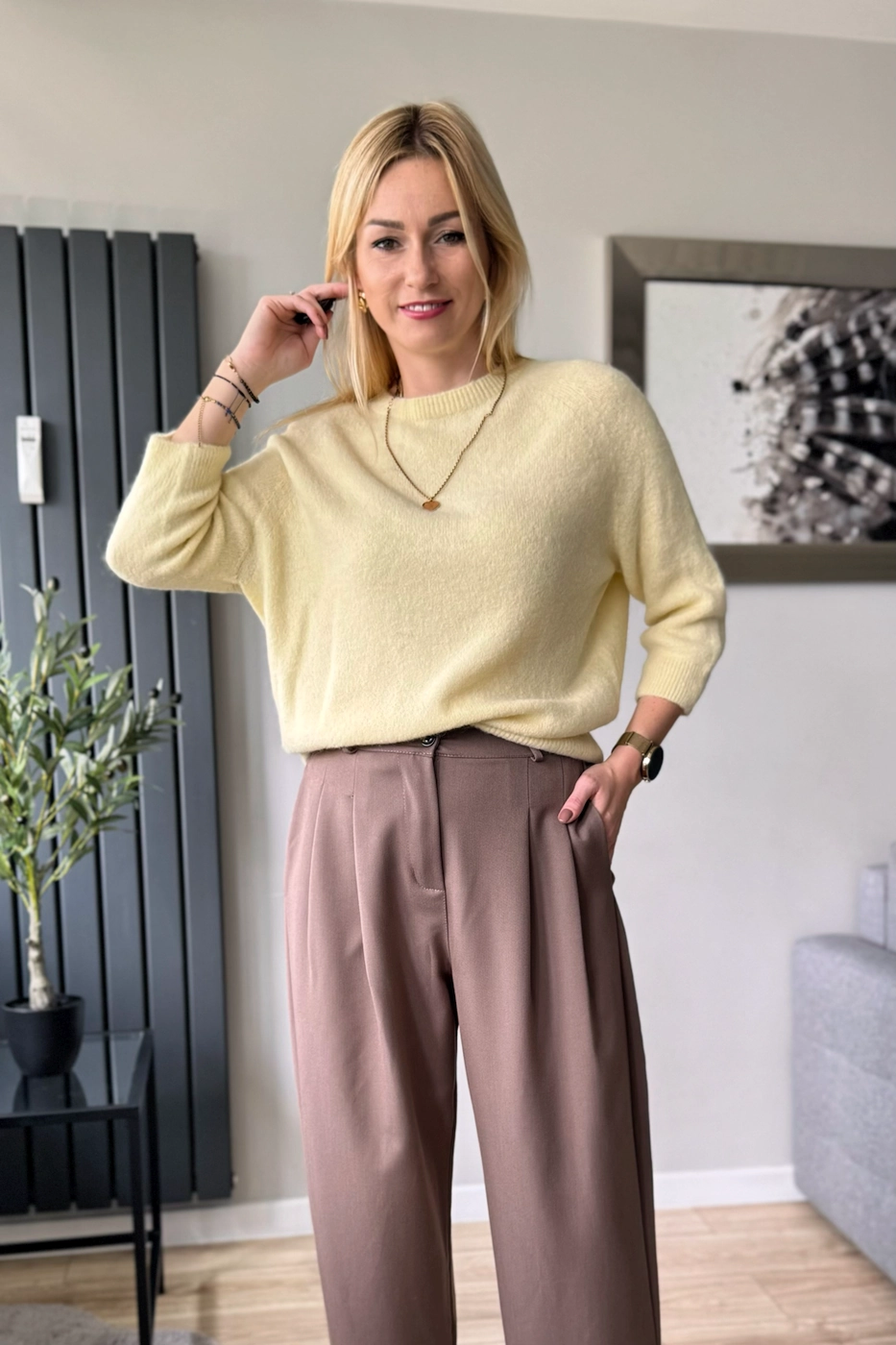 sweter damski z alpaki baby alpaka z rękawem 3/4 jasny żółty cytrynowy