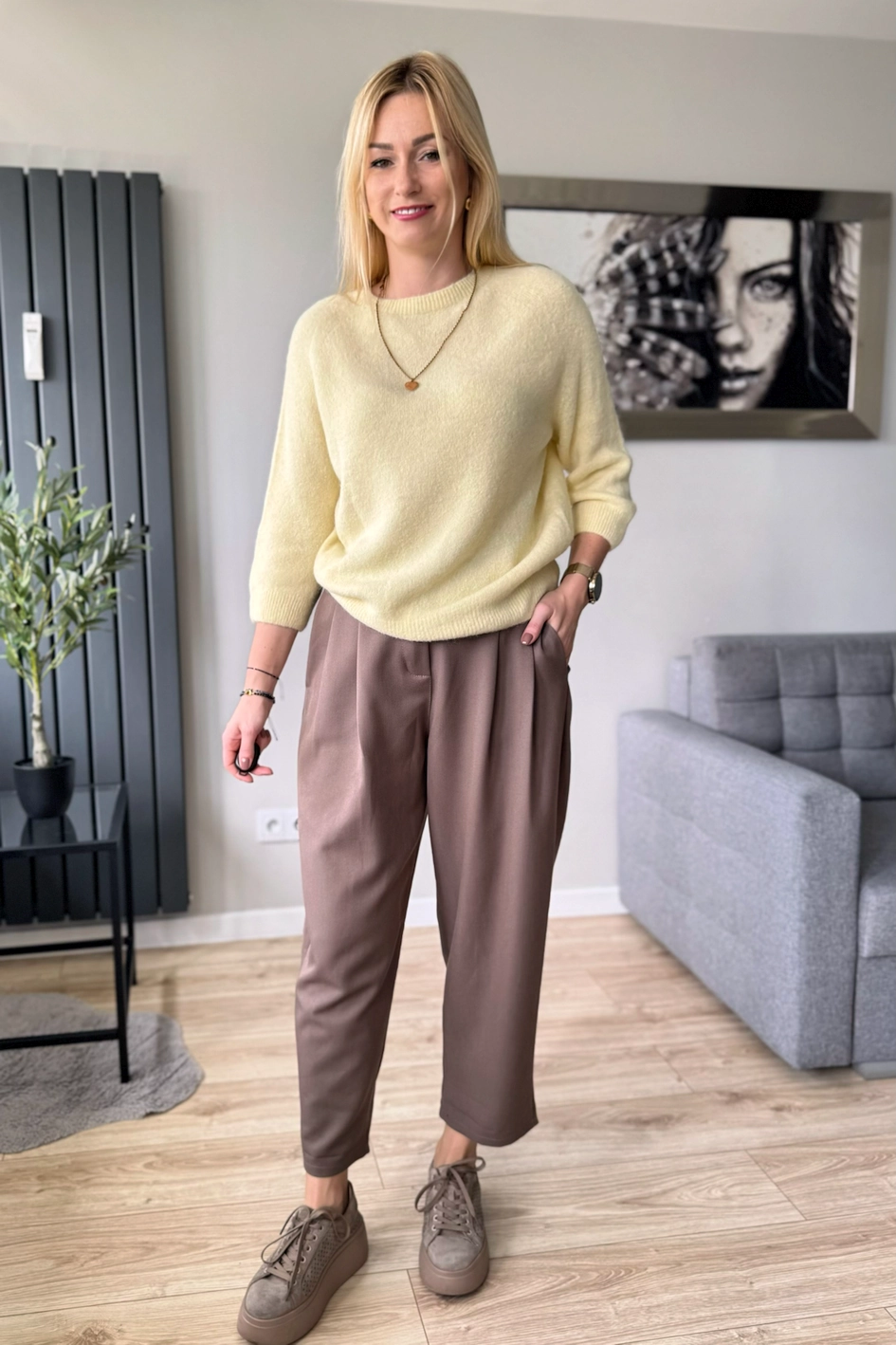 sweter damski z alpaki baby alpaka z rękawem 3/4 jasny żółty cytrynowy