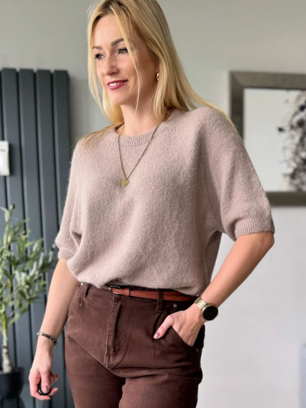 sweter damski z alpaki baby alpaka z krótkim rękawem mocca latte