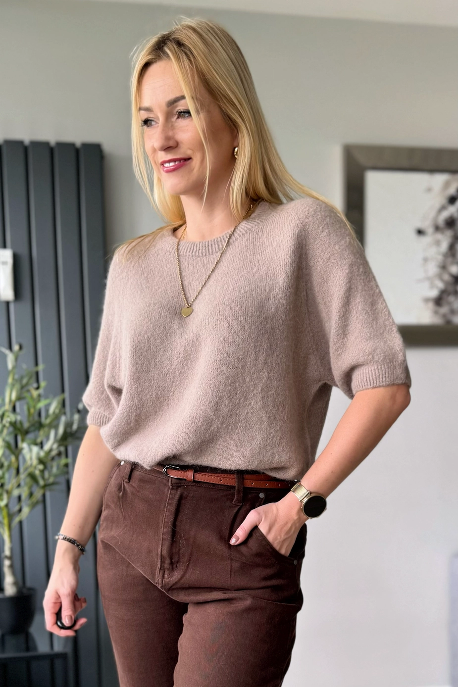 sweter damski z alpaki baby alpaka z krótkim rękawem mocca latte
