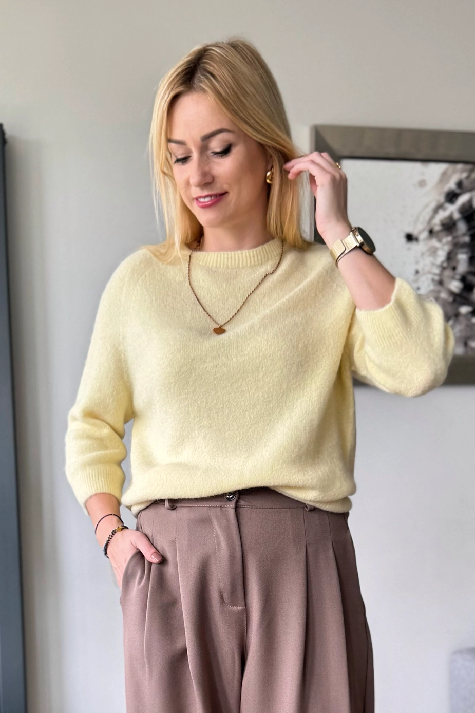 sweter damski z alpaki baby alpaka z rękawem 3/4 jasny żółty cytrynowy