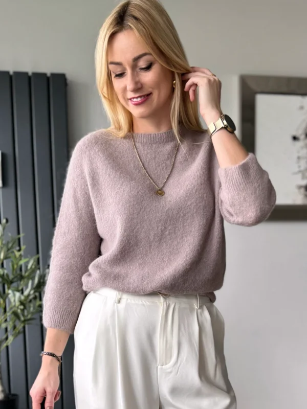 sweter damski z alpaki baby alpaka z rękawem 3/4 taupe mocca latte