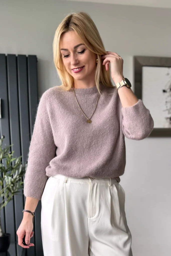 sweter damski z alpaki baby alpaka z rękawem 3/4 taupe mocca latte