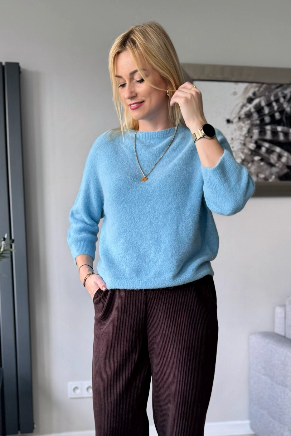 sweter damski z alpaki baby alpaka z rękawem 3/4 błękitny