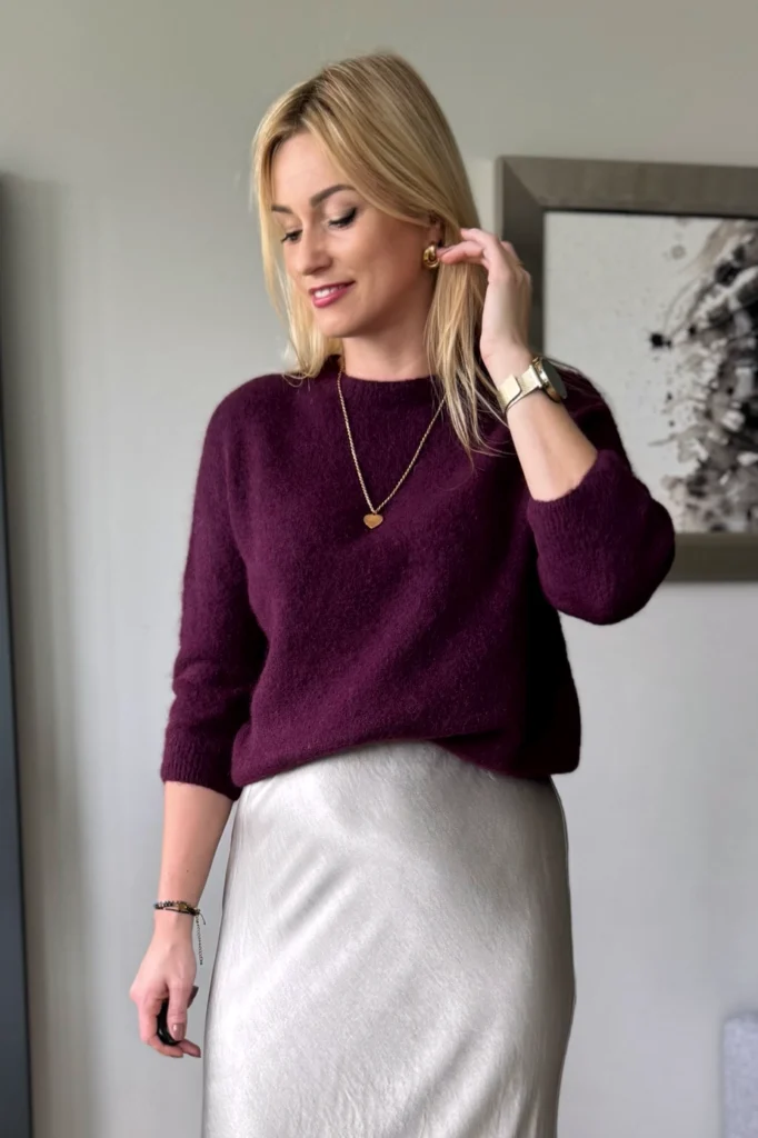 sweter damski z alpaki baby alpaka z rękawem 3/4 śliwkowy biskupi