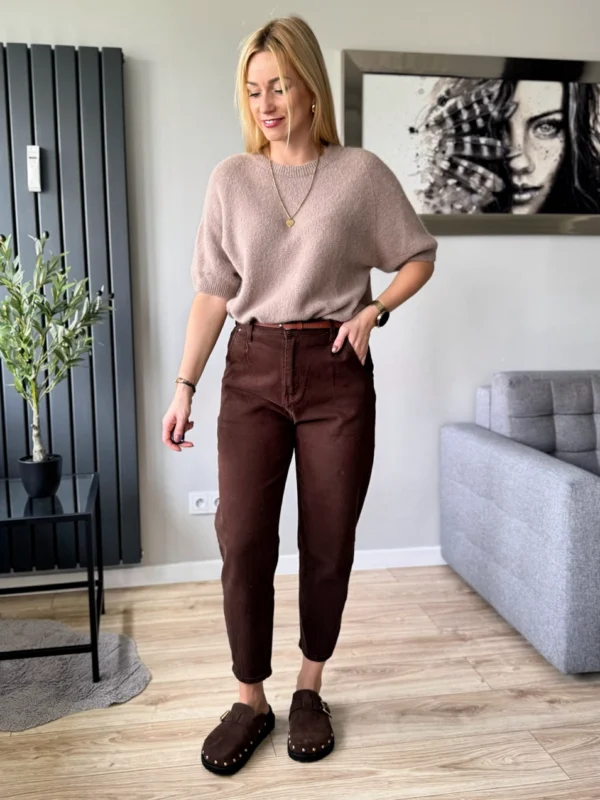 sweter damski z alpaki baby alpaka z krótkim rękawem mocca latte cappuccino