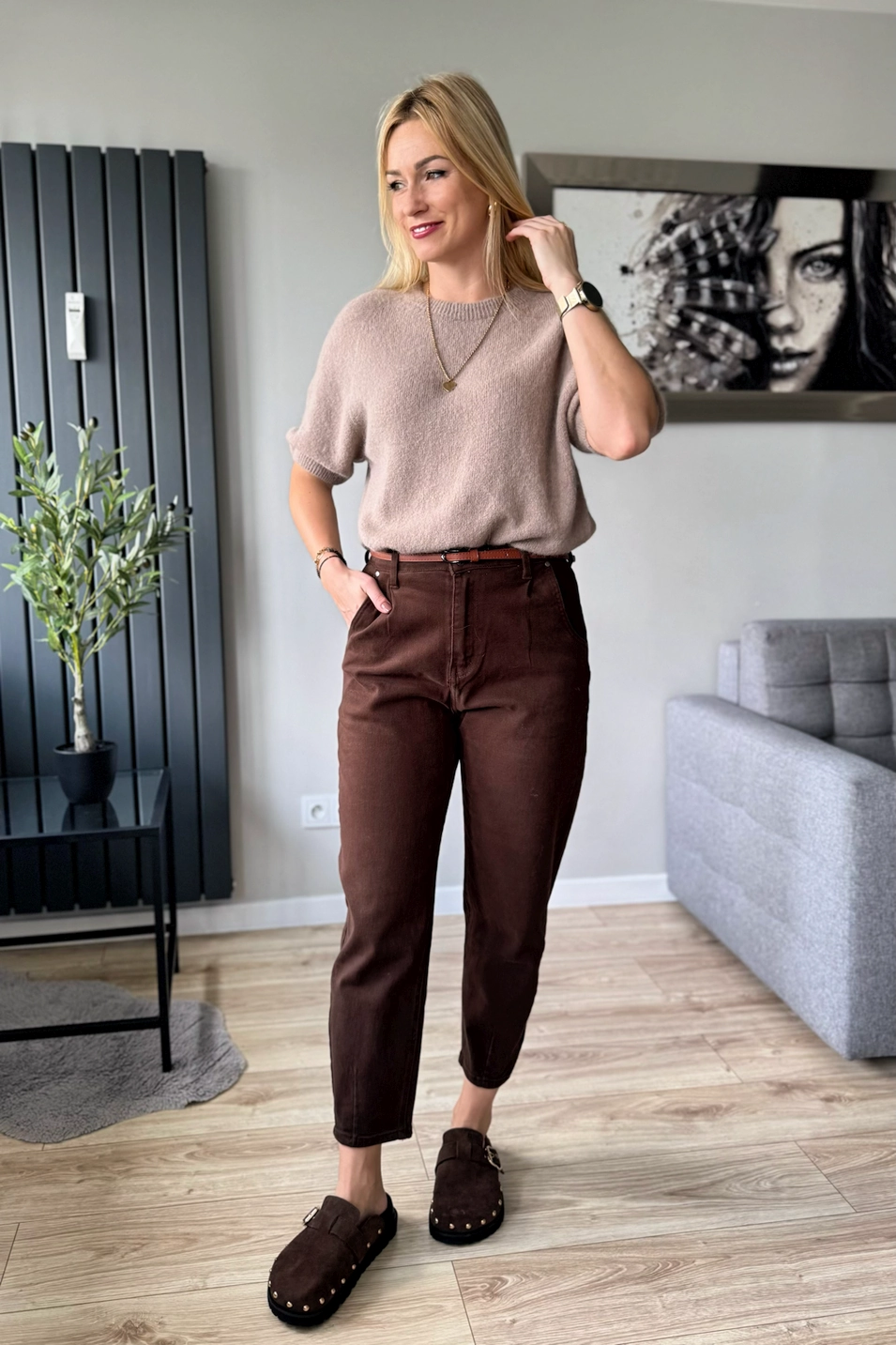 sweter damski z alpaki baby alpaka z krótkim rękawem mocca latte cappuccino