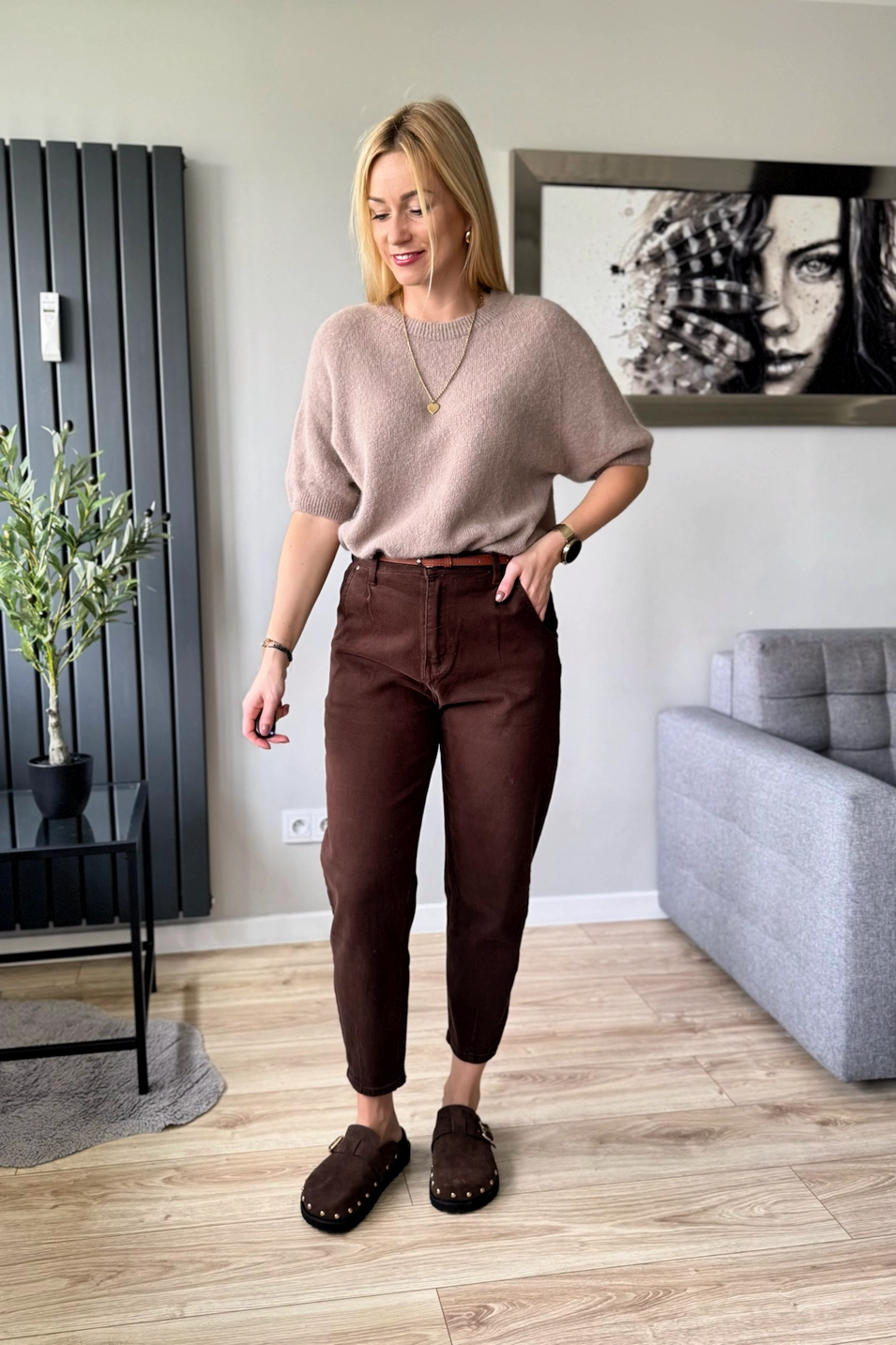 sweter damski z alpaki baby alpaka z krótkim rękawem mocca latte cappuccino