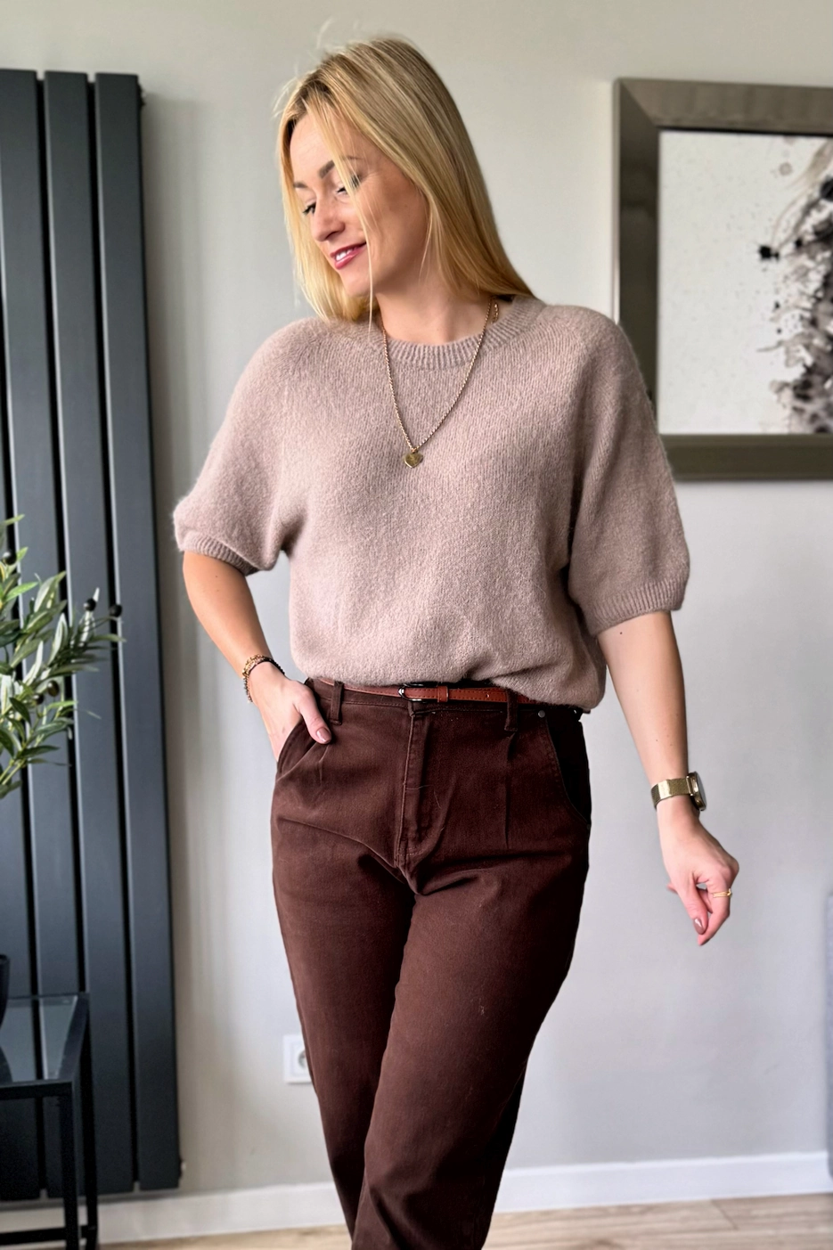 sweter damski z alpaki baby alpaka z krótkim rękawem mocca latte cappuccino