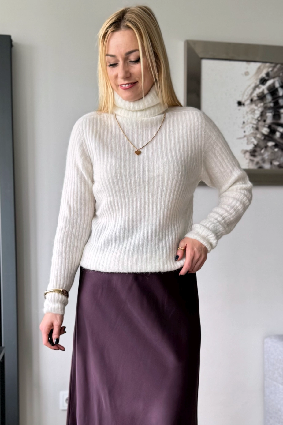 sweter damski z alpaki biały z golfem prążek baby alpaka