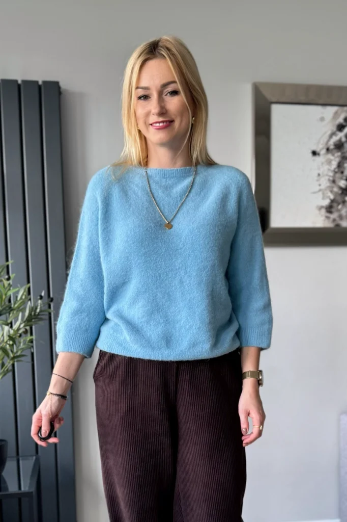 sweter damski z alpaki baby alpaka z rękawem 3/4 błękitny