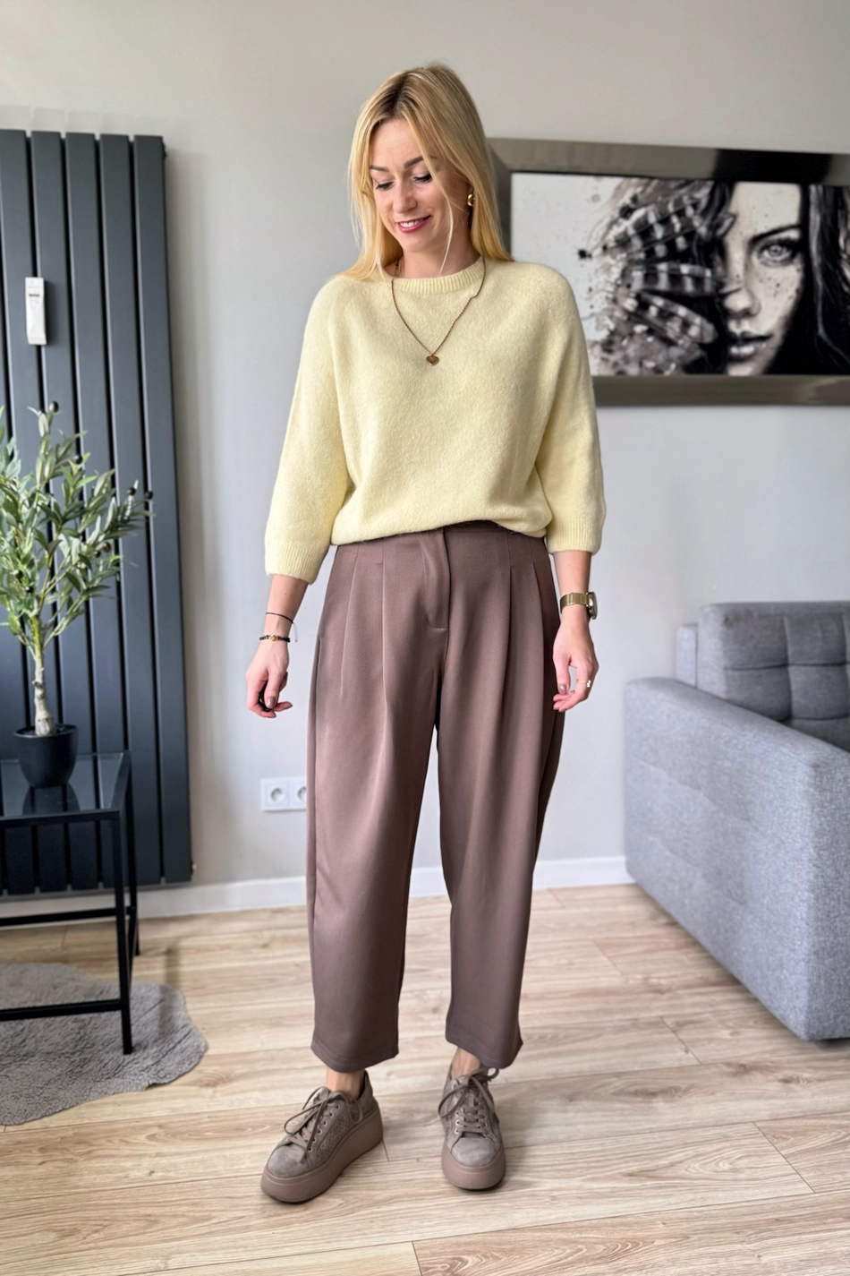sweter damski z alpaki baby alpaka z rękawem 3/4 jasny żółty cytrynowy