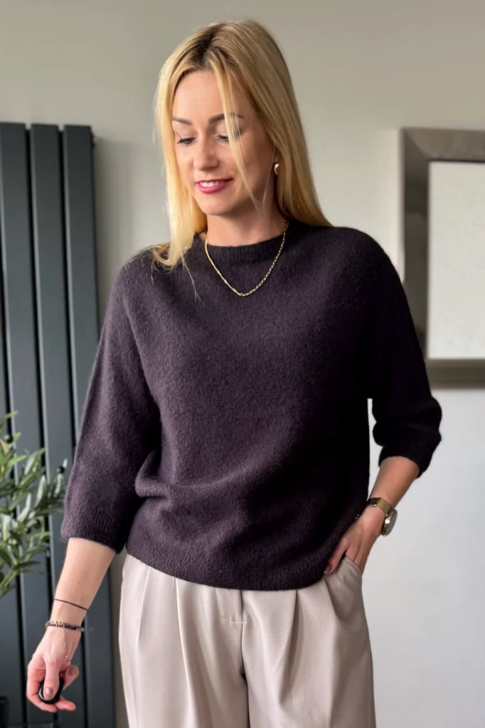sweter damski z alpaki baby alpaka z rękawem 3/4 czekoladowy brązowy