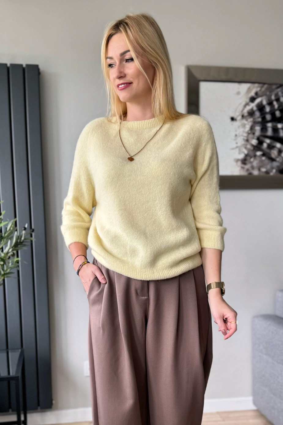 sweter damski z alpaki baby alpaka z rękawem 3/4 jasny żółty cytrynowy