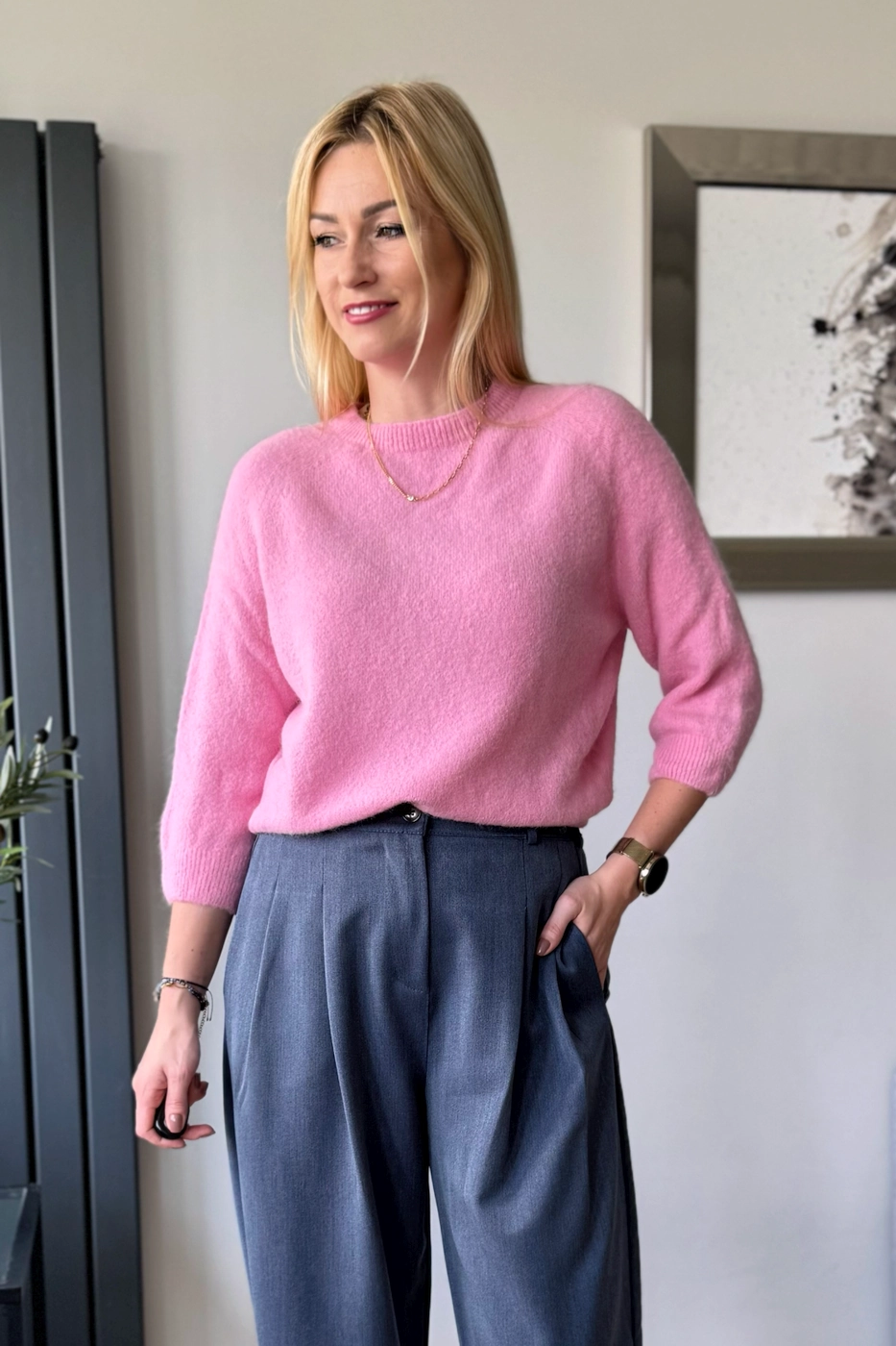 sweter damski z alpaki baby alpaka z rękawem 3/4 różowy