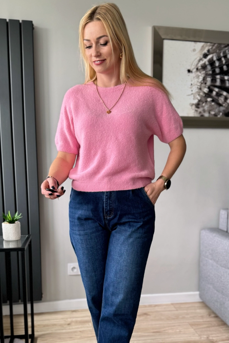 sweter damski baby alpaka z alpaki z krótkim rękawem różowy sweterek