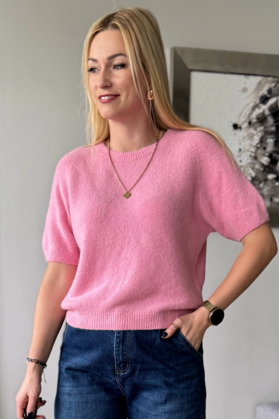 sweter damski baby alpaka z alpaki z krótkim rękawem różowy sweterek